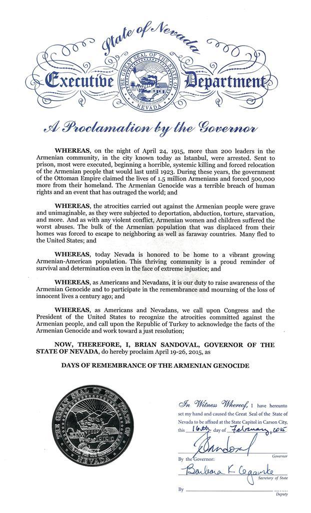 April 19-26 proclaimed Days of Remembrance of the Armenian Genocide in Nevada